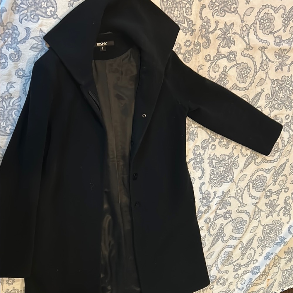 DKNY Black Wool-Blend Pea Coat with High Collar